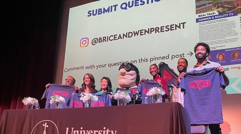Pop culture forum “Real Talk: Gender & Reality TV” was held Wednesday, Oct. 25 at the University of Dayton. Left to right: Murtz Jaffer, Eliza Orlins, Becky Lee, Taylor Hale, Brice Izyah and Wendell Holland. PHOTO BY RUSSELL FLORENCE JR
