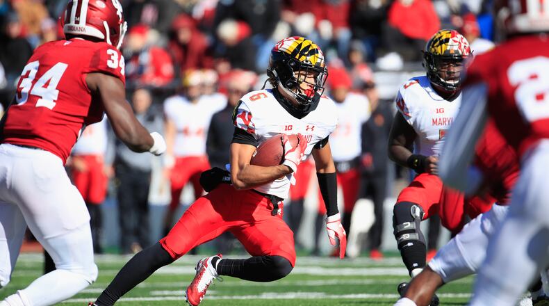 BLOOMINGTON, IN - NOVEMBER 10: Jeshaun Jones #6 of the Maryland Terapins runs with the ball against the Indiana Hoosiers at Memorial Stadium on November 10, 2018 in Bloomington, Indiana. (Photo by Andy Lyons/Getty Images)