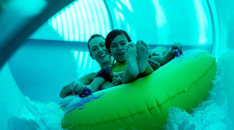 Garden Grove’s Great Wolf Lodge has a massive indoor water park with many rides that allow family members to splash together. (Great Wolf Lodge)