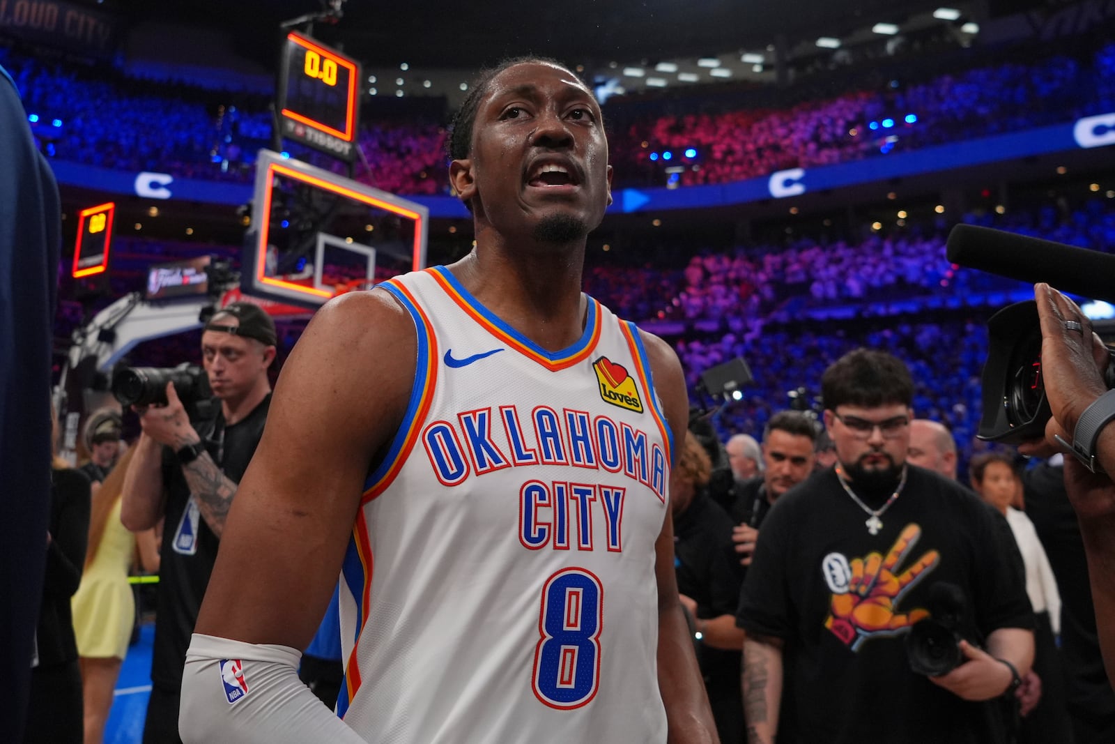 Oklahoma City Thunder forward Jalen Williams (8) leaves the court after Game 5 of the NBA Finals basketball series against the Indiana Pacers, Monday, June 16, 2025, in Oklahoma City. (AP Photo/Kyle Phillips)
