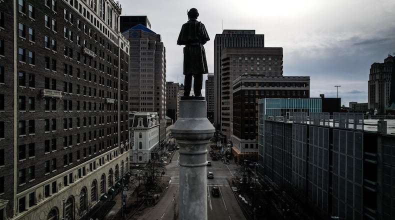 The Civil War Soldiers Monument at the intersection of East Monument Ave. and North Main St. is a recast likeness of Pvt. Fair, a carpenter and bricklayer born in Dayton who mustered into the Union Army in 1861 and out in 1865. The original sculptor was made in Italy, arrived in Dayton in 1884 and is now at the entrance to the VA Hospital on West Third St. JIM NOELKER/STAFF
