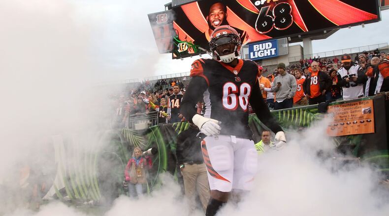 CINCINNATI, OH - OCTOBER 28: Bobby Hart #68 of the Cincinnati Bengals runs on to the field after being introduced to the crowd prior to the start of the game against the Tampa Bay Buccaneers at Paul Brown Stadium on October 28, 2018 in Cincinnati, Ohio. (Photo by John Grieshop/Getty Images)