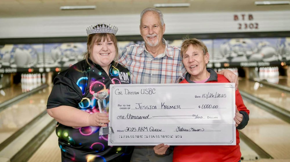 Jessica Kremer (left), with Gary Badders and Mandy Wilson, won the Angie Kreitzer Memorial Queen's Tournament at Poelking Lanes South. CONTRIBUTED