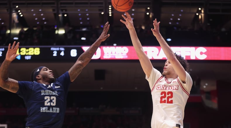 Dayton's Damon Friery makes a 3-pointer in the first half against Rhode Island on Tuesday, Jan. 27, 2026, at UD Arena. David Jablonski/Staff
