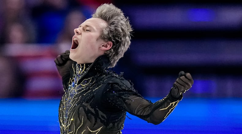 Ilia Malinin from the United States reacts at the end of his routine during the men free skating at the Figure Skating World Championships in Prague, Czech Republic, Saturday, March 28, 2026. (AP Photo/Petr David Josek)