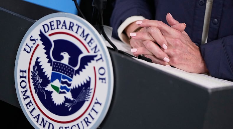 Homeland Security Secretary Kristi Noem speaks during a news conference at Federal Emergency Management Agency headquarters, Saturday, Jan. 24, 2026, in Washington. (AP Photo/Julia Demaree Nikhinson)