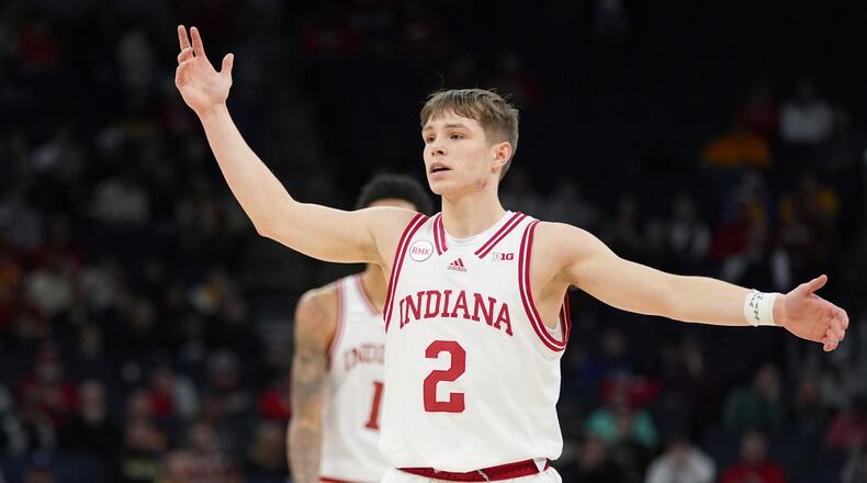 Indiana guard Gabe Cupps (2) gestures during the first half of an NCAA college basketball game against Penn State in the second round of the Big Ten Conference tournament, Thursday, March 14, 2024, in Minneapolis. (AP Photo/Abbie Parr)