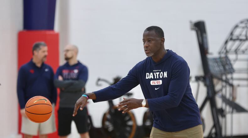 Dayton's Anthony Grant runs a drill during a preseason practice on Wednesday, Oct. 2, 2024, at the Cronin Center. David Jablonski/Staff