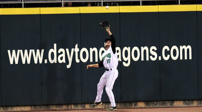 Mitch Piatnik makes the catch for an out in Tuesday night’s game against the Lugnuts at Fifth Third Field. NICHOLAS STUDIOS