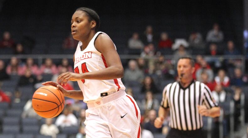 Dayton's JaVonna Layfield brings the ball up the court against Duquesne on Jan. 31, 2018, at UD Arena.
