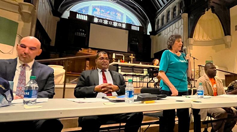 Four people are running for two seats on the Dayton City Commission. From the left, incumbent Commissioners Matt Joseph and Chris Shaw and challengers Valerie Duncan and Marcus Bedinger at a candidate forum hosted by the Dayton Unit NAACP on Sept. 25, 2023. CORNELIUS FROLIK / STAFF