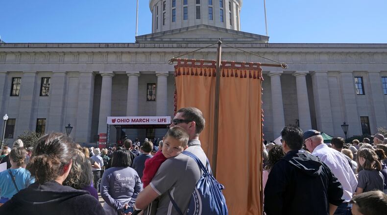 Demonstrators turn out for “Ohio March for Life” to support ending abortion access in Ohio at the Statehouse in Columbus, Ohio on Wednesday, Oct. 5, 2022. (Barbara Perenic /The Columbus Dispatch via AP)