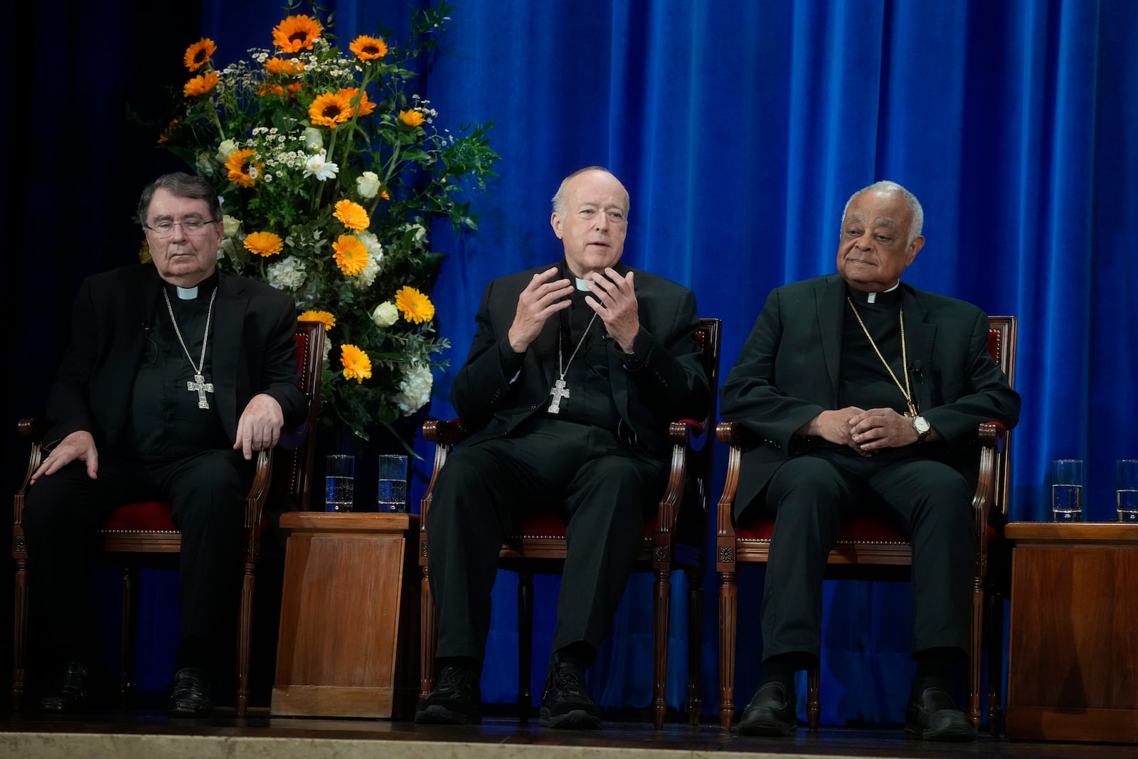From left, U.S. Cardinals, Christophe Pierre, apostolic nuncio to the USA, Robert McElroy of Washington, and Wilton Gregory, archbishop emeritus of Washington, attend a press conference at the North American College in Rome, Friday, May 9, 2025, one day after U.S. Cardinal Robert Francis Prevost was elected Pope Leo XIV. (AP Photo/Gregorio Borgia)