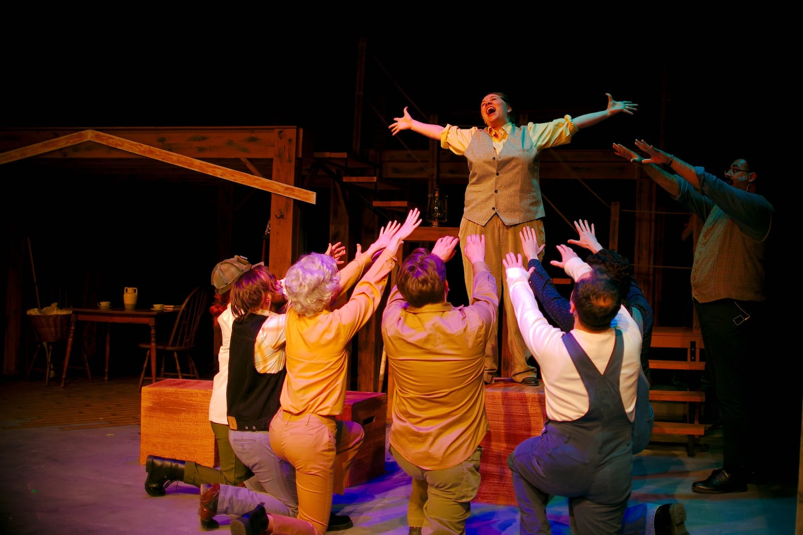 Jackie Randall (Molly Brown) and cast of the Dayton Playhouse production of "The Unsinkable Molly Brown." Photo by Ray Geiger