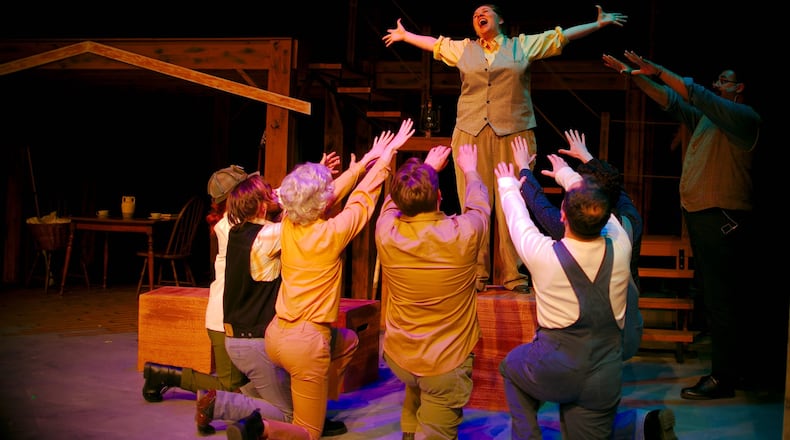Jackie Randall (Molly Brown) and cast of the Dayton Playhouse production of "The Unsinkable Molly Brown." Photo by Ray Geiger
