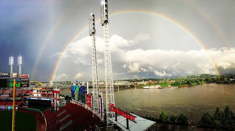 A double rainbow over the Ohio River near Great American Ball Park on June 17, 2019 in Cincinnati.