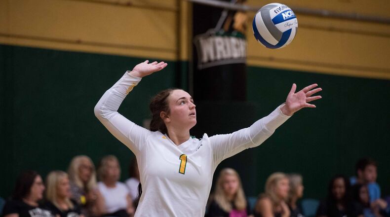 Wright State’s Jenna Story hits a serve during a match earlier this season vs. Western Illinois. PHOTO COURTESY OF WRIGHT STATE ATHLETICS