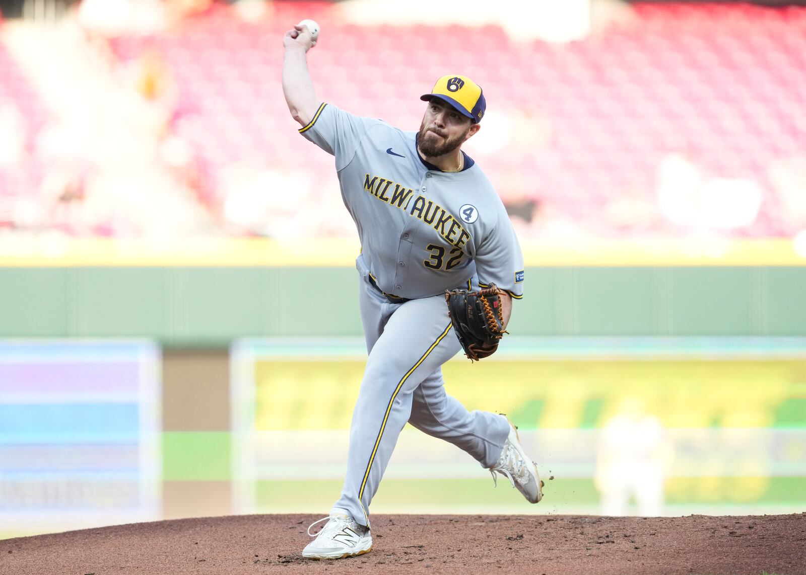 Milwaukee Brewers pitcher Aaron Civale throws during the first inning of a baseball game against the Cincinnati Reds, Monday, June 2, 2025, in Cincinnati. (AP Photo/Jeff Dean)