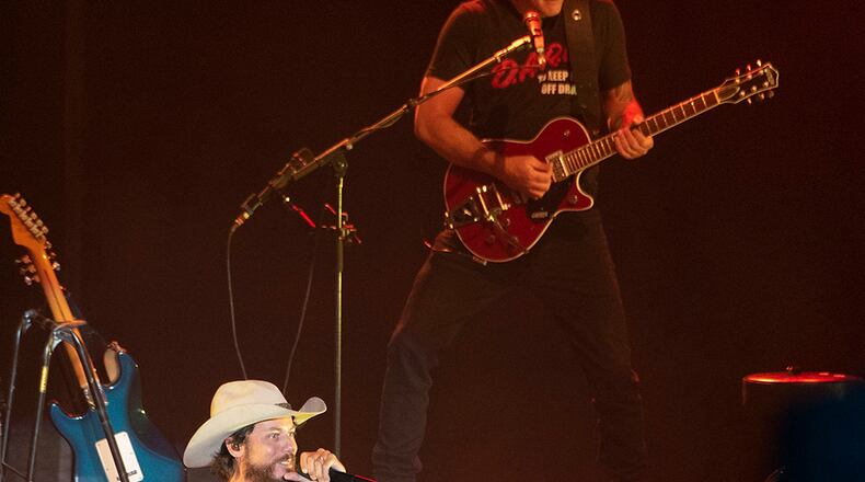 Country star Chris Janson and his band perform Aug. 5 before an audience largely made up of Airmen, veterans and their families at Fraze Pavilion in Kettering. The concert, sponsored by the Dayton Development Coalition’s Hometown Heroes program, was billed as a Military Appreciation Night. U.S. AIR FORCE PHOTO/R.J. ORIEZ