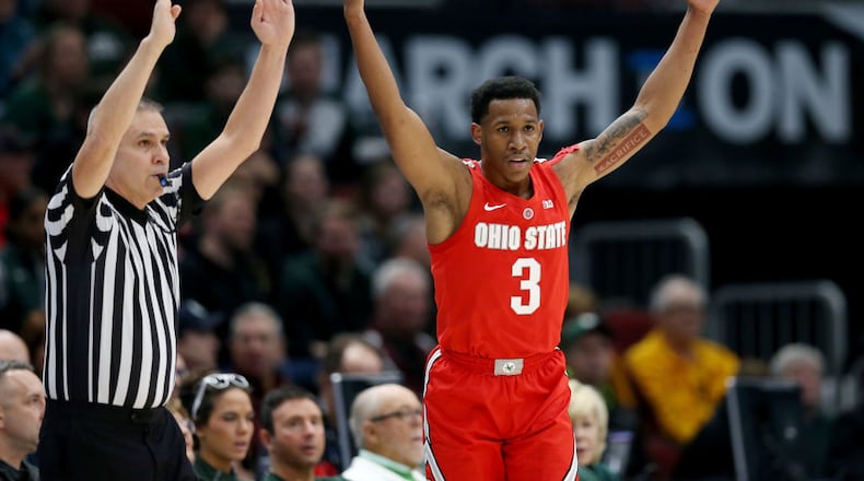 CHICAGO, ILLINOIS - MARCH 15:  C.J. Jackson #3 of the Ohio State Buckeyes reacts in the first half against the Michigan State Spartans during the quarterfinals of the Big Ten Basketball Tournament at the United Center on March 15, 2019 in Chicago, Illinois. (Photo by Dylan Buell/Getty Images)