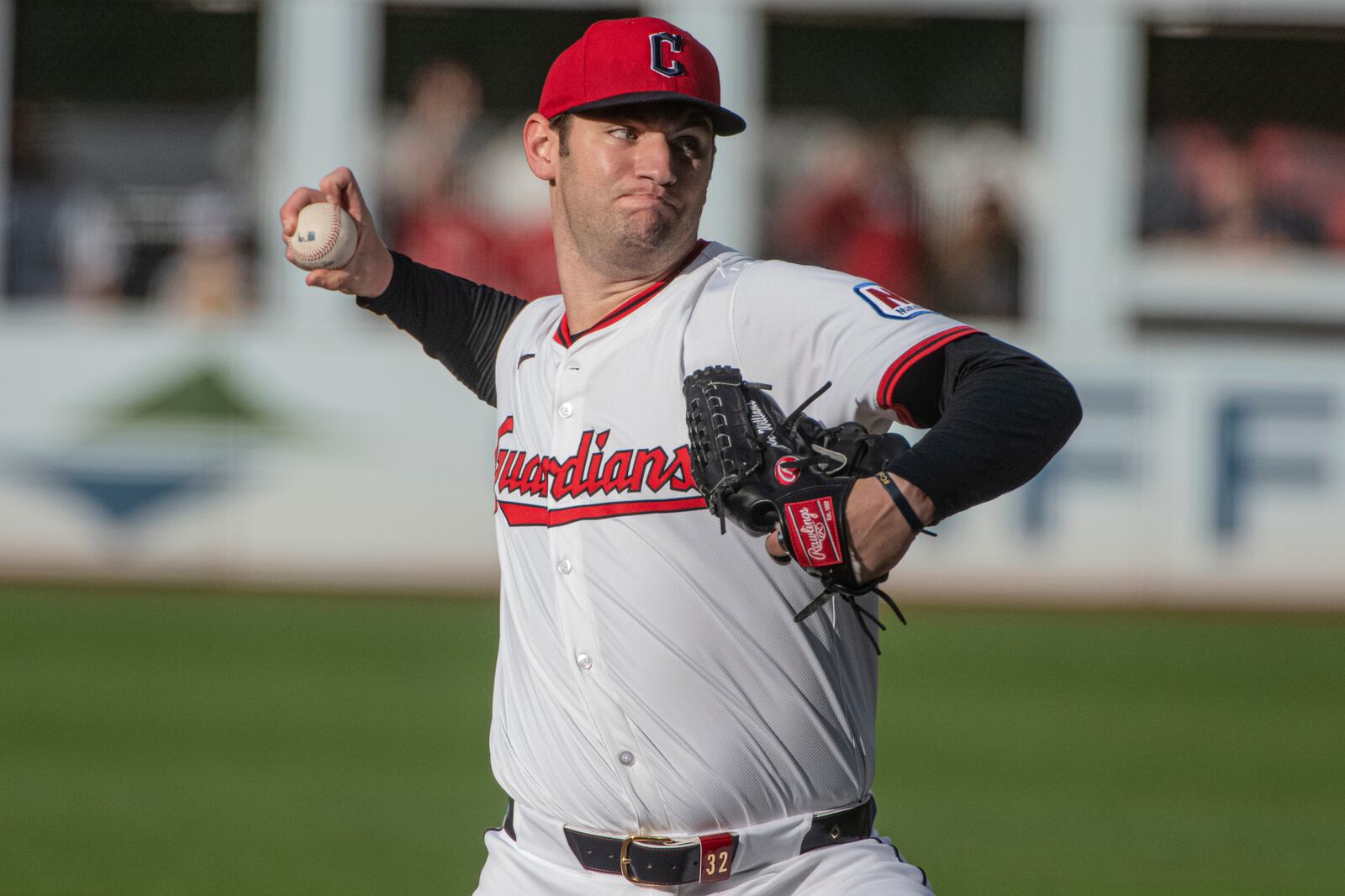 Cleveland Guardians starting pitcher Gavin Williams delivers against the New York Yankees during the first inning of a baseball game in Cleveland, Monday, April 21, 2025. (AP Photo/Phil Long)