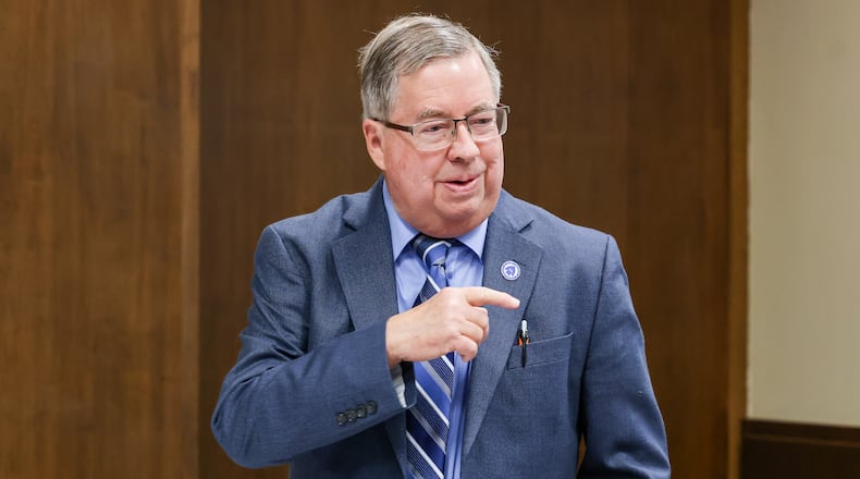 Miami Twp. Fiscal Officer Robert Matthews speaks during his opening statement of a civil trial on Monday, March 9, 2026, in Montgomery County Common Pleas Court. The Ohio Attorney General's Office is seeking to remove him from public office for alleged violations regarding an attempt to invest $9.7 million in gold coins. BRYANT BILLING / STAFF