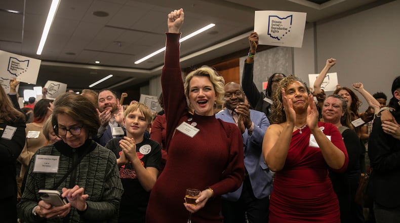 People in Columbus, Ohio, celebrate the passage of Issue 1, a ballot measure establishing a right to abortion in the state constitution, on Tuesday night, Nov. 7, 2023. Tuesday’s results were a win for the president after demoralizing poll numbers. But some strategists argue the outcomes only show that Democrats are doing well, not necessarily the president. (Maddie McGarvey/The New York Times)