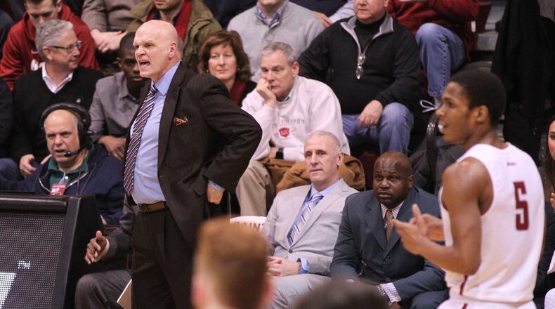St. Joseph’s coach Phil Martelli reacts to a call during a game against Dayton on Wednesday, Jan. 17, 2018, at Hagan Arena in Philadelphia. David Jablonski/Staff