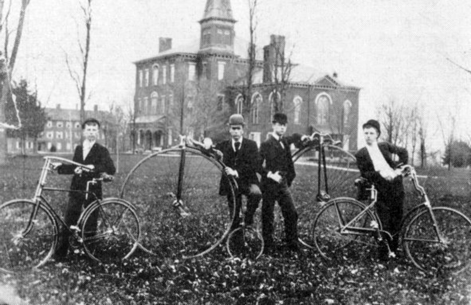 Miami University students are shown in this historic picture with their bicycles, which gained popularity in Oxford as early as the 1890s. Photo from the Smith Library of Regional History