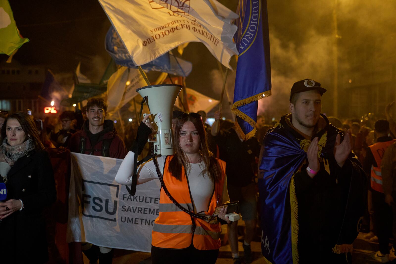 Students who walked across the country arrive at an anti-corruption protest in the southwestern town of Novi Pazar, Serbia, Friday, April 11, 2025. (AP Photo/Marko Drobnjakovic)