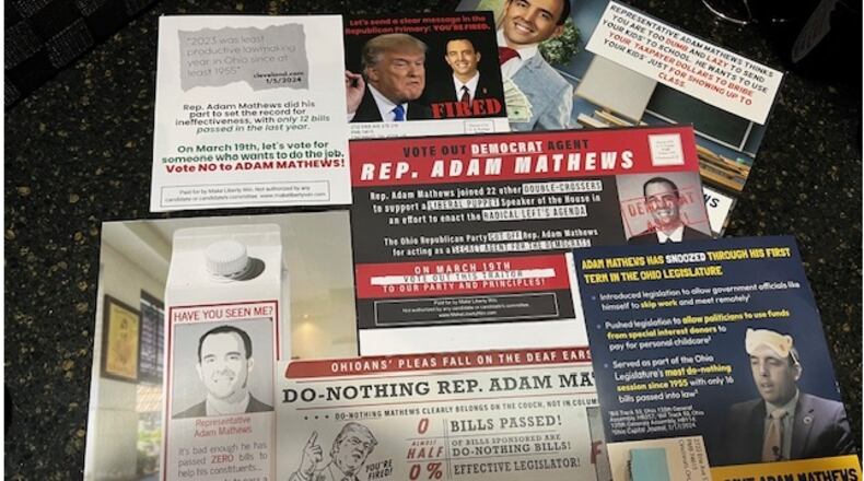 This are some of the mailers that have been mailed to voters in Ohio House District 56 in Warren County over the past several weeks. The mailers contain false and misleading information were sent by Make Liberty Win, a political interest group based in Virginia, from a co-op office in Cincinnati. ED RICHTER/STAFF