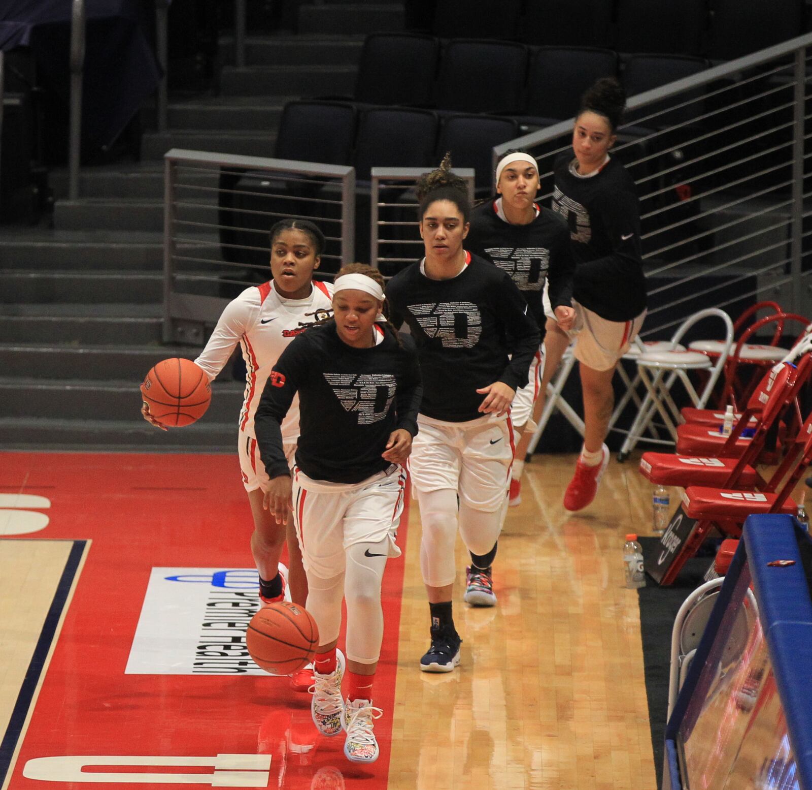 Dayton takes the court before a game against Duquesne at UD Arena on Jan. 3, 2021. David Jablonski/Staff