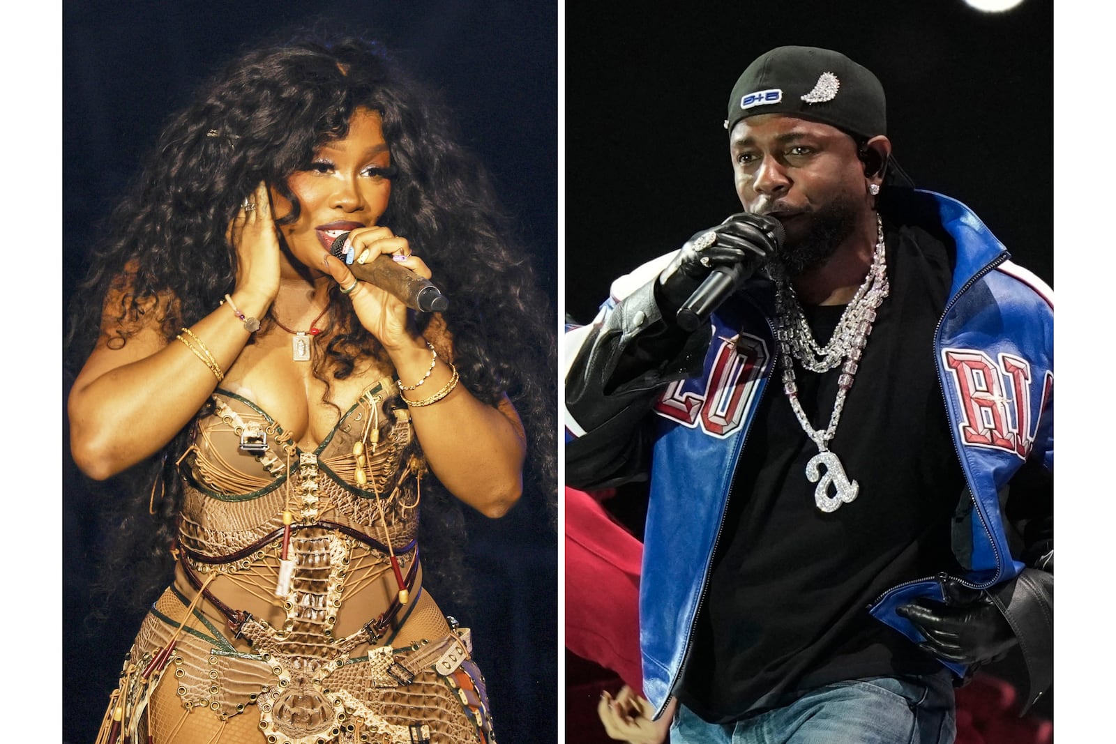 SZA performs during the Glastonbury Festival in Somerset, England, on June 30, 2024, left, and Kendrick Lamar performs during halftime of the NFL Super Bowl 59 on Feb. 9, 2025, in New Orleans. (AP Photo)