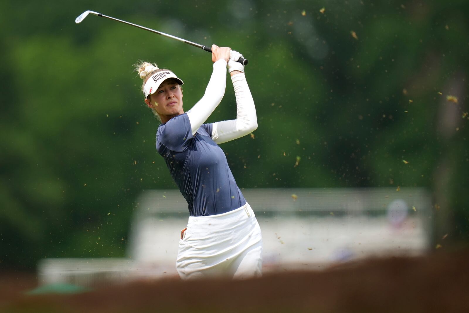 Nelly Korda hits on the 11th hole during the second round of the Chevron Championship LPGA golf tournament Friday, April 25, 2025, in The Woodlands, Texas. (AP Photo/Eric Gay)