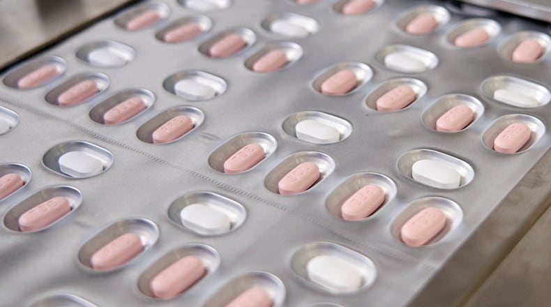 This image provided by Pfizer in October 2021 shows the company's COVID-19 Paxlovid pills. Newly infected COVID-19 patients have two new treatment options that can be taken at home. But that convenience comes with a catch: The pills have to be taken as soon as possible once symptoms appear. (Pfizer via AP)