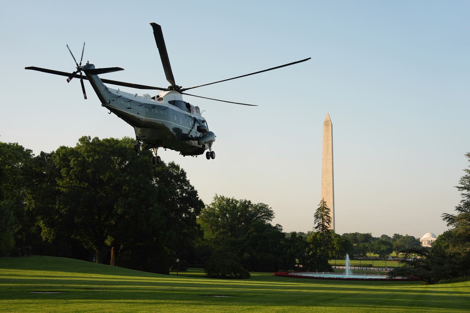 Marine One, with President Donald Trump aboard, lifts off the South Lawn of the White House, Tuesday, June 24, 2025. Trump is on his way to The Hague, to join world leaders gathering in the Netherlands for a two-day NATO summit. The Washington Monument stands right. (AP Photo/Evan Vucci)