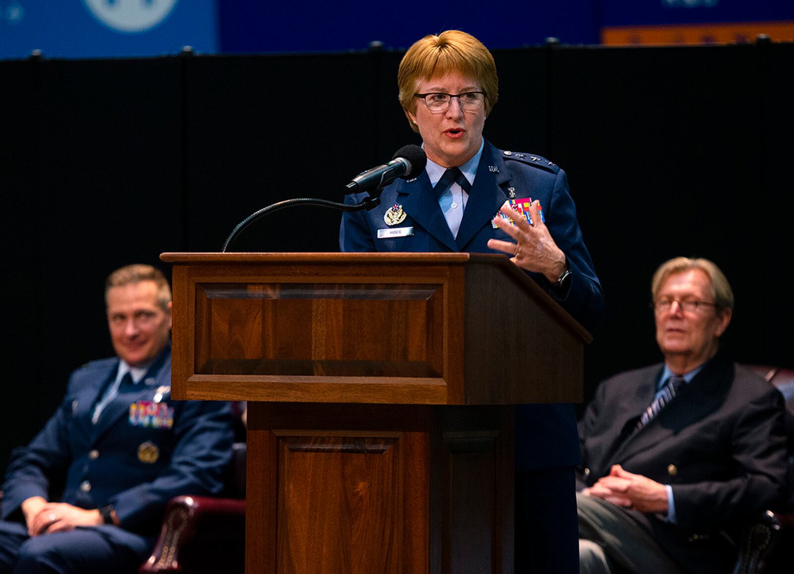 Lt. Gen. Dorothy Hogg, Air Force surgeon general, gives the keynote address at the Wright-Patterson Medical and Allied Health Education Programs graduation ceremony May 27 in the National Museum of the U.S. Air Force as Col. Christian Lyons, 88th Medical Group commander, and Albert Painter, dean of Wright State University’s Boonshoft School of Medicine, look on. U.S. AIR FORCE PHOTO/R.J. ORIEZ