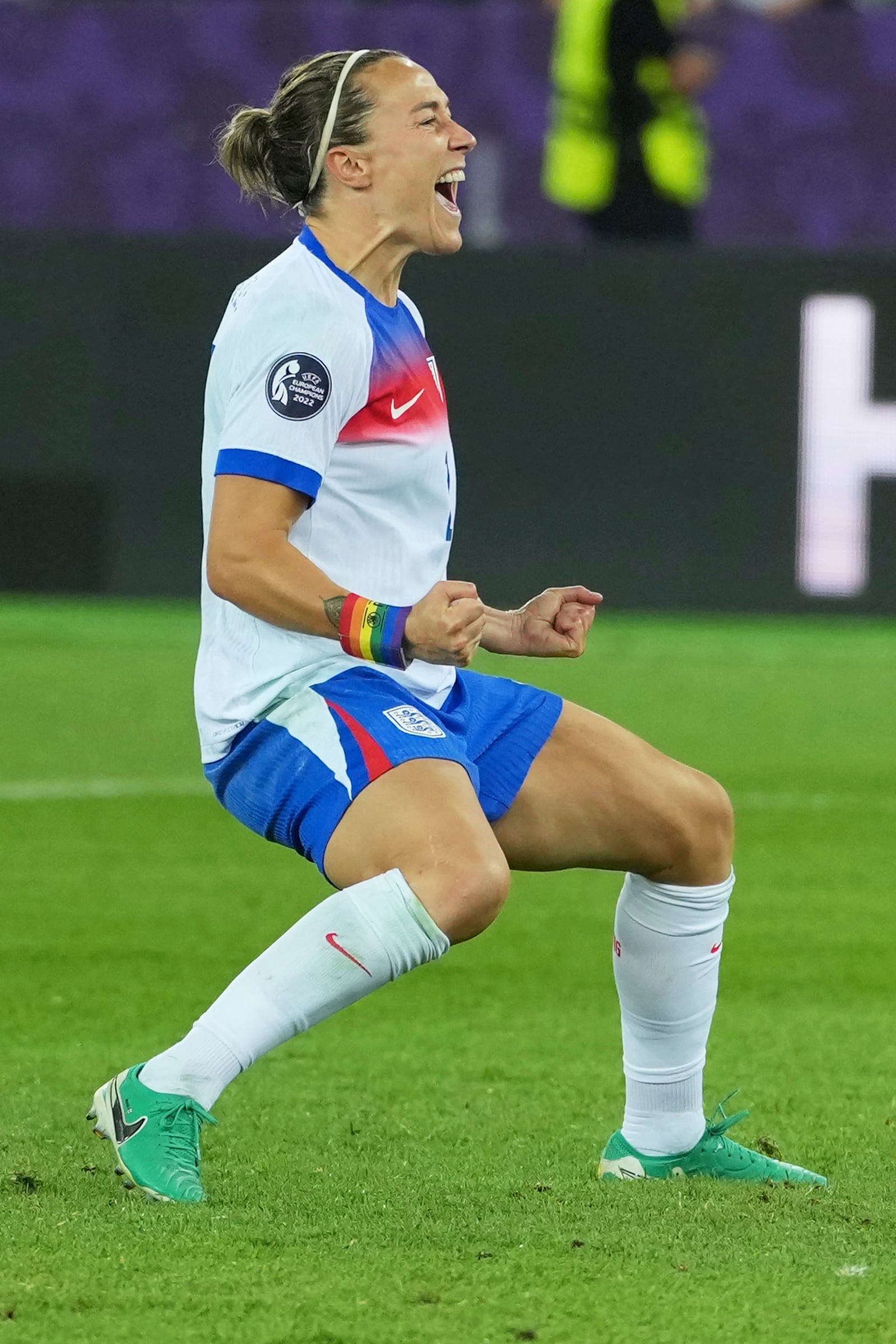 England's Lucy Bronze celebrates after scoring a penalty during a shootout of the Women's Euro 2025 quarterfinals soccer match between Sweden and England at Stadion Letzigrund in Zurich, Switzerland, Thursday, July 17, 2025. (AP Photo/Martin Meissner)