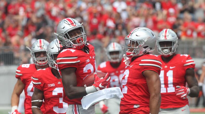 Ohio State’s Malik Hooker celebrates an interception against Bowling Green on Saturday, Sept. 3, 2016, at Ohio Stadium in Columbus. David Jablonski/Staff