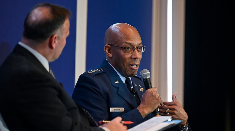 Air Force Chief of Staff Gen. CQ Brown Jr. makes remarks during the 2022 Association of Defense Communities National Summit in Arlington, Va., March 8. Brown spoke about priorities and challenges for the Air Force and the importance of communities. U.S. AIR FORCE PHOTO/ERIC DIETRICH