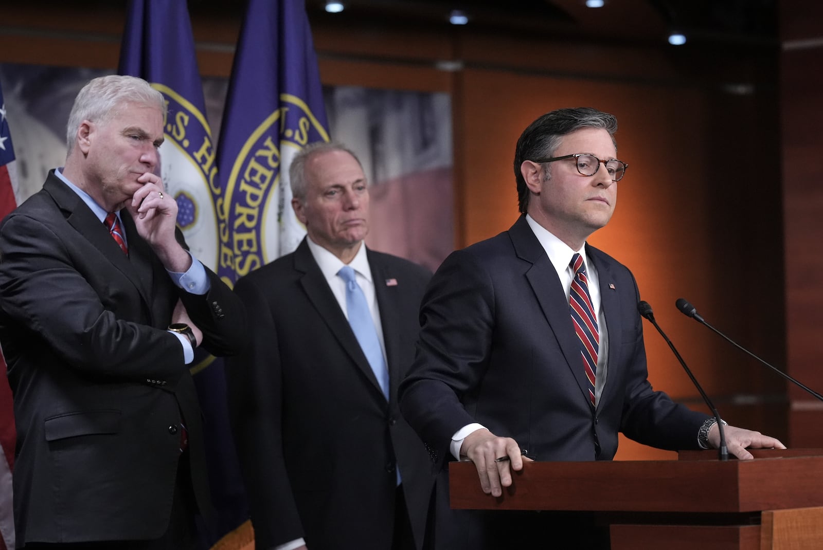 Speaker of the House Mike Johnson, R-La., joined from left by House Majority Whip Tom Emmer, R-Minn., and House Majority Leader Steve Scalise, R-La., talks to reporters about his push for a House-Senate compromise budget resolution to advance President Donald Trump's agenda, even with opposition from hard-line conservative Republicans, at the Capitol in Washington, Tuesday, April 8, 2025. (AP Photo/J. Scott Applewhite)