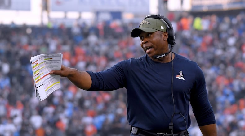 CARSON, CA - NOVEMBER 18: Head coach Vance Joseph of the Denver Broncos argues with the officials after a last second field goal was called back due to a Los Angeles Chargers timeout at StubHub Center on November 18, 2018 in Carson, California. The Broncos would make a last second field goal to win the game. (Photo by Harry How/Getty Images)