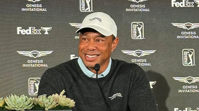 Tiger Woods speaks to the media at Riviera Country Club in Los Angeles, Tuesday, Feb. 17, 2026, ahead of the Genesis Invitational, where he is the tournament host. (AP Photo/Doug Ferguson)