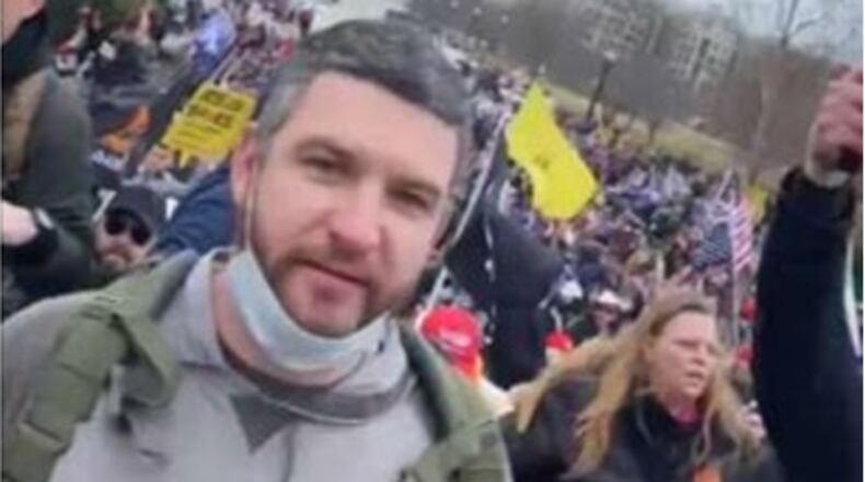 In this photo from a federal court affidavit, investigators said Dean Robert Harshman is shown in the crowd outside the U.S. Capitol on Jan. 6, 2021