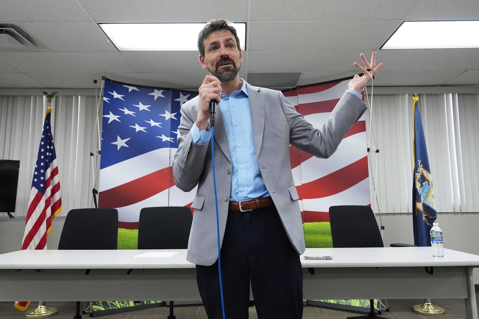Ryan Kelley speaks at the Jackson County Republican headquarters, Thursday, April 10, 2025, in Jackson, Mich. (AP Photo/Paul Sancya)