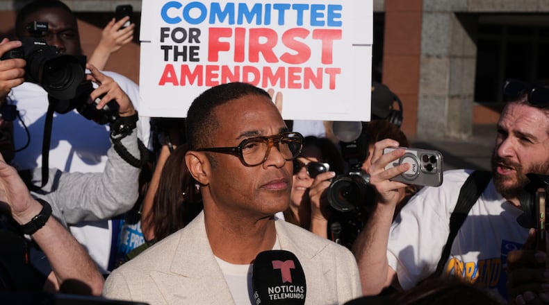 Journalist Don Lemon, talks to the media after a hearing at the Edward R. Roybal Federal Building in Los Angeles on Friday, Jan. 30, 2026. (AP Photo/Damian Dovarganes)