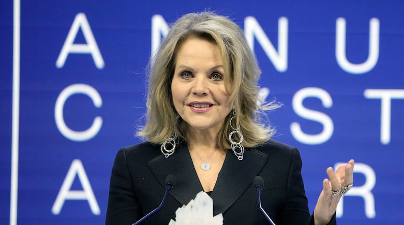 FILE - Singer Renee Fleming speaks after receiving a Crystal Award at the World Economic Forum in Davos, Switzerland, Jan. 16, 2023. (AP Photo/Markus Schreiber, File)