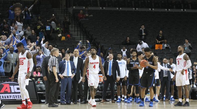 Dayton reacts after a loss against Saint Louis in the quarterfinals of the Atlantic 10 tournament on Friday, March 15, 2019, at the Barclays Center in Brooklyn, N.Y. David Jablonski/Staff