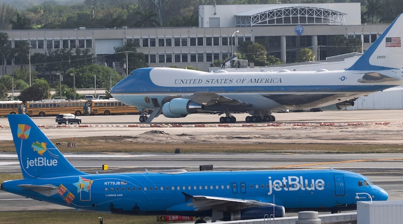 FILE -A JetBlue passenger jet, front, taxis at Palm Beach International Airport, Sunday, March 30, 2025, in West Palm Beach, Fla. (AP Photo/Manuel Balce Ceneta, File)