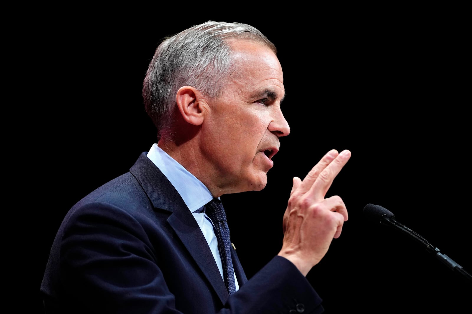 Canadian Prime Minister Mark Carney speaks on stage at his campaign headquarters after the Liberal Party won the Canadian election in Ottawa on Tuesday, April 29, 2025. (Justin Tang/The Canadian Press via AP)